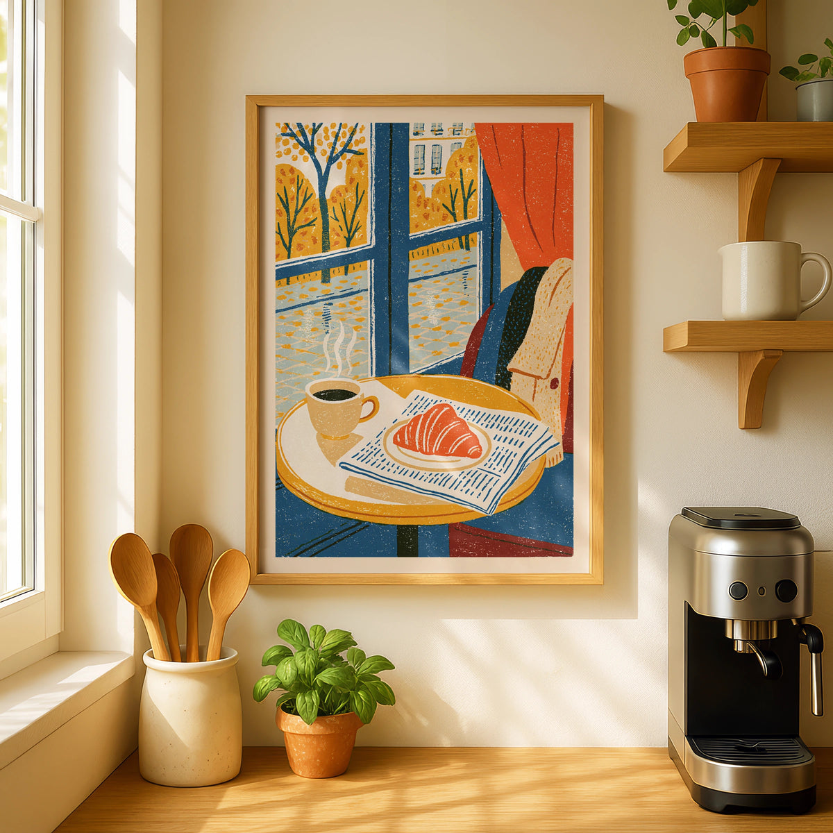 Vintage Food Poster Print, Paris Cafe Croissant Coffee, Rustic Kitchen Decor, Retro Mid Century