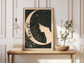 Art Nouveau Moon Print, Crescent Moon Woman Wall Art, Celestial Poster, Vintage Night Sky Stars