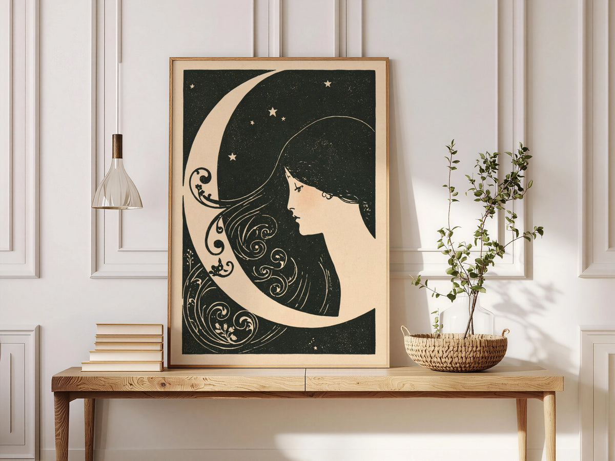 Art Nouveau Moon Print, Crescent Moon Woman Wall Art, Celestial Poster, Vintage Night Sky Stars