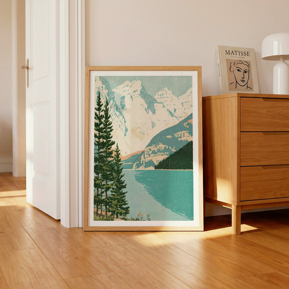 Retro Mountain Lake Wall Art, Vintage Travel Poster, Alpine Landscape Print, Pine Trees, Turquoise