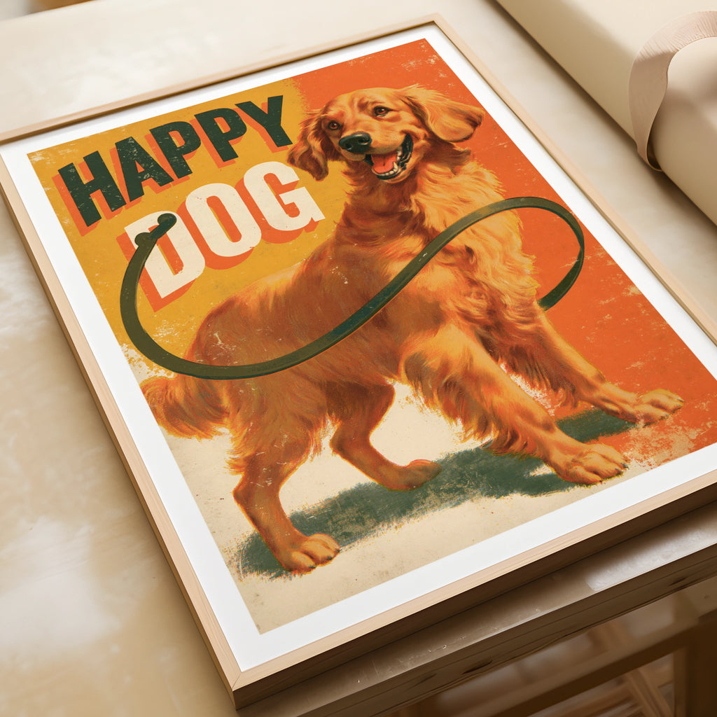 Happy Dog Retro Poster, Golden Retriever Wall Art, Vintage Dog Print, Orange Folk Style
