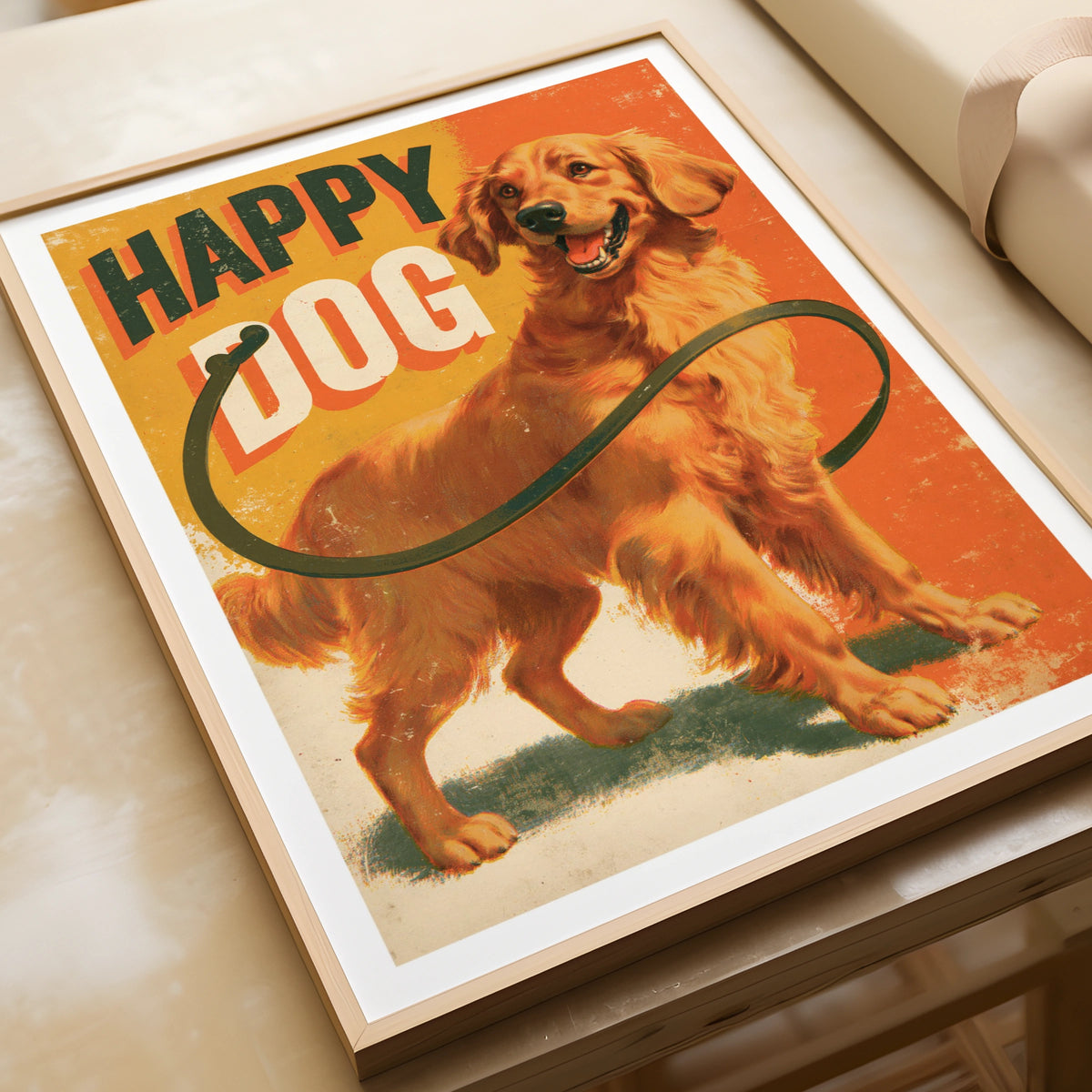 Happy Dog Retro Poster, Golden Retriever Wall Art, Vintage Dog Print, Orange Folk Style