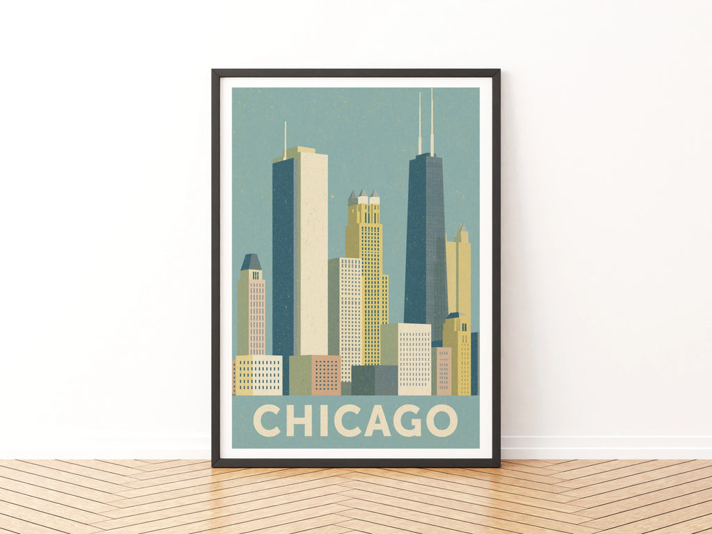 Chicago Skyline Retro Travel Poster, Vintage City Print, Illinois Wall Art