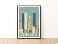 Chicago Skyline Retro Travel Poster, Vintage City Print, Illinois Wall Art
