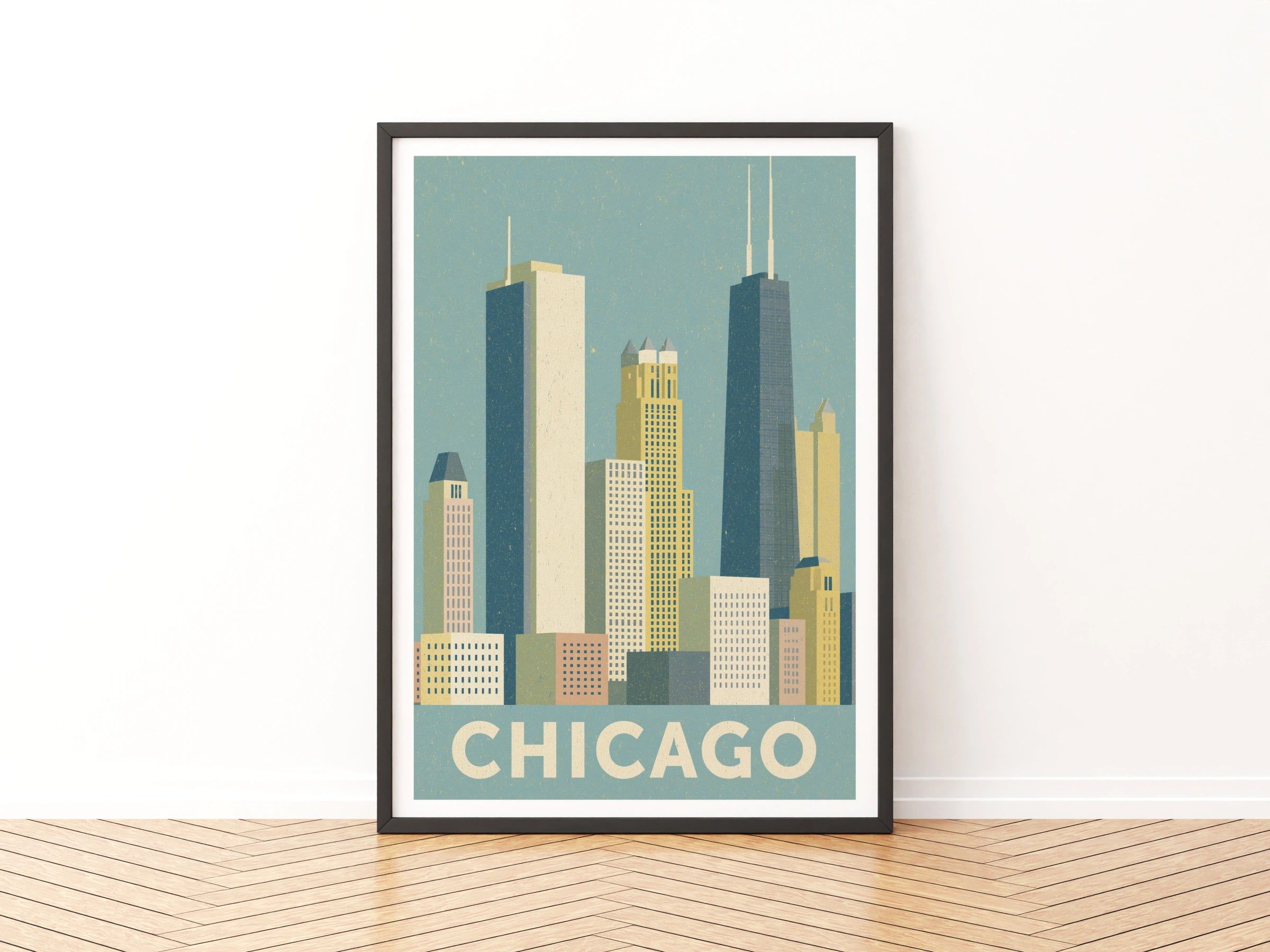 Chicago Skyline Retro Travel Poster, Vintage City Print, Illinois Wall Art