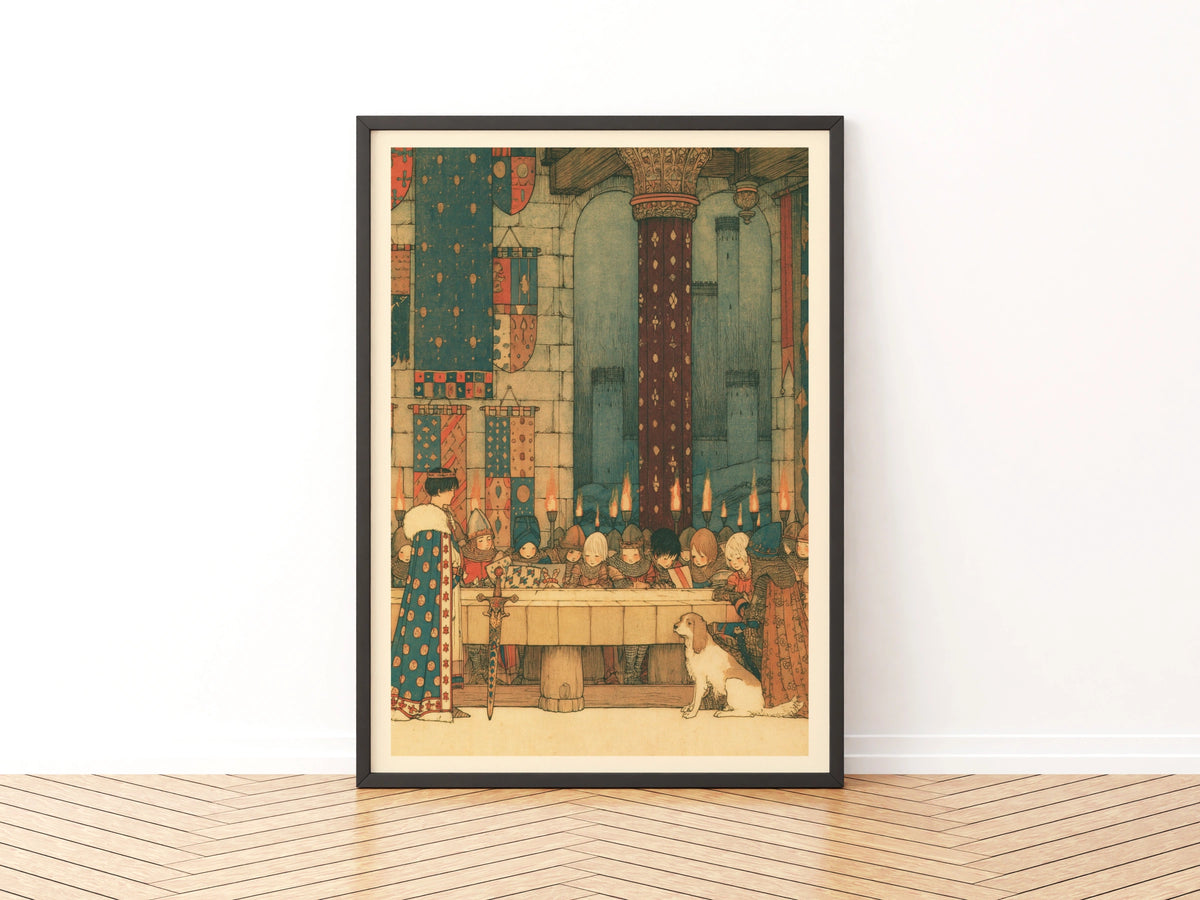 King Arthur and Roundtable Medieval Castle Kids Print, Knights Banquet Wall Art, Children's Collectable Poster
