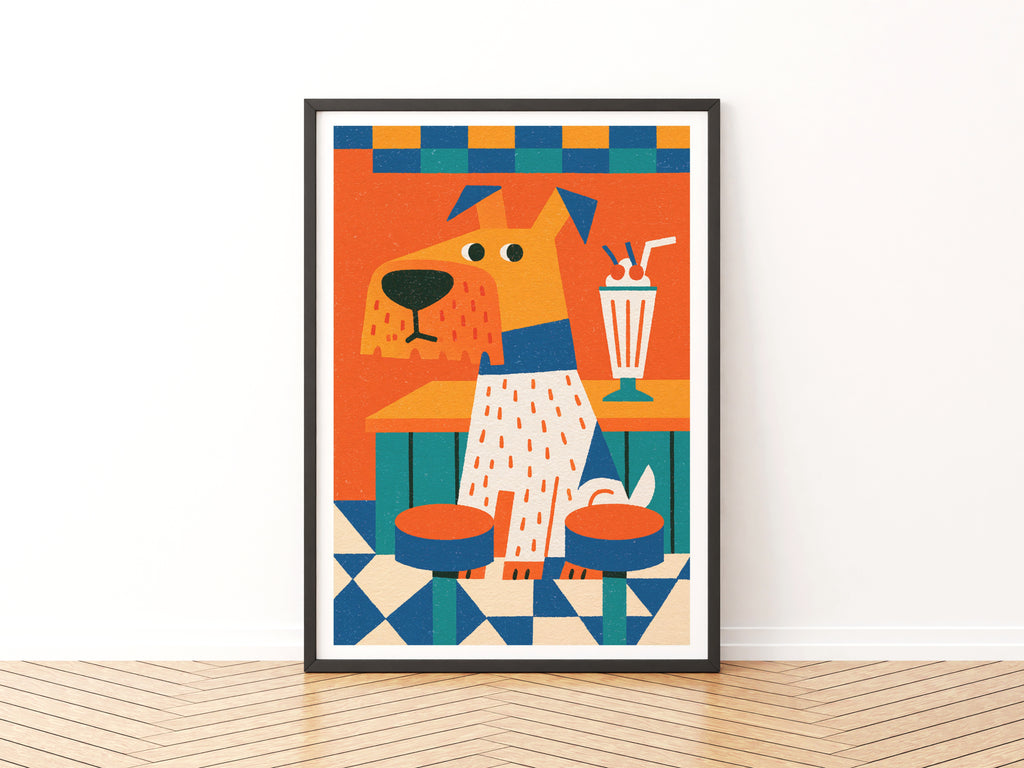 Retro Diner Dog Poster, Vintage Milkshake Wall Art, Colourful Fun Dog Print for Kitchen