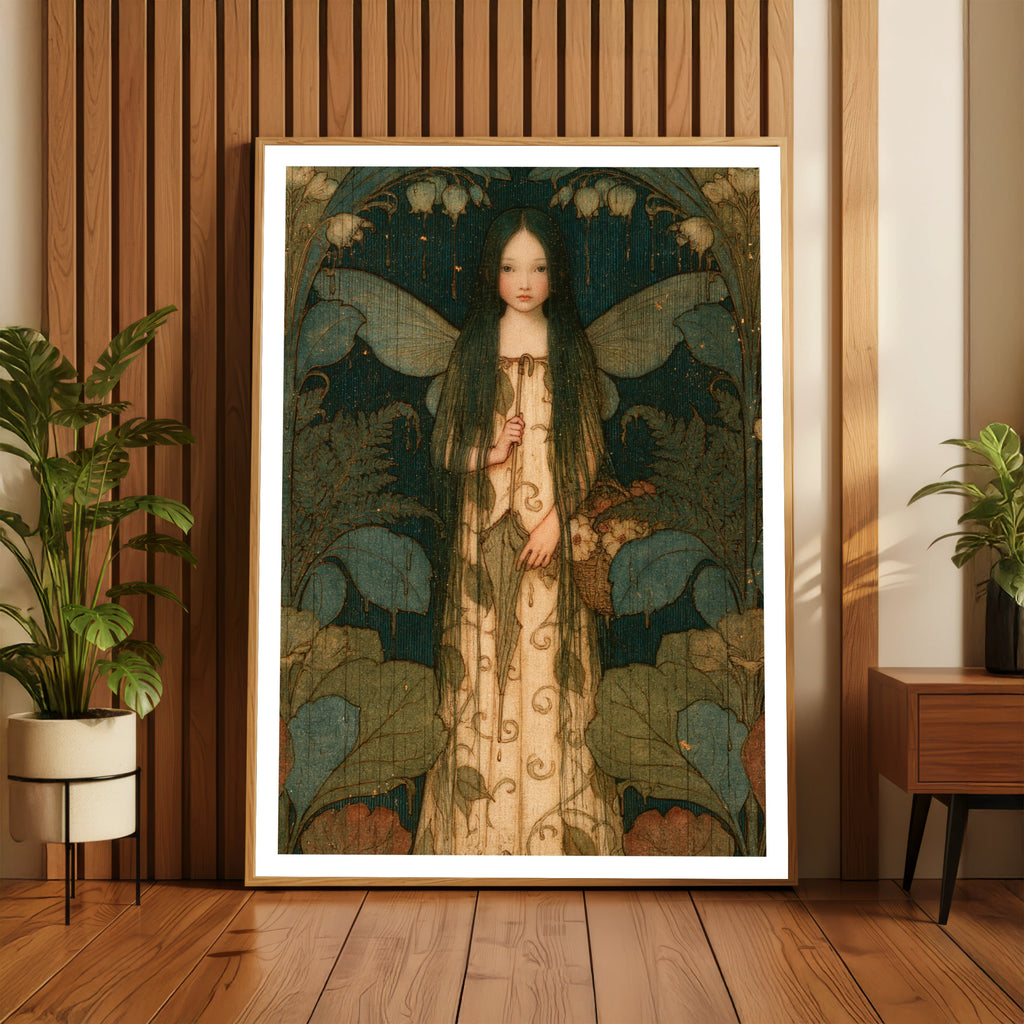 Rain Fairy Girl Art Nouveau Print, Classic Inspired Folk Art, Teal Floral Fantasy Poster