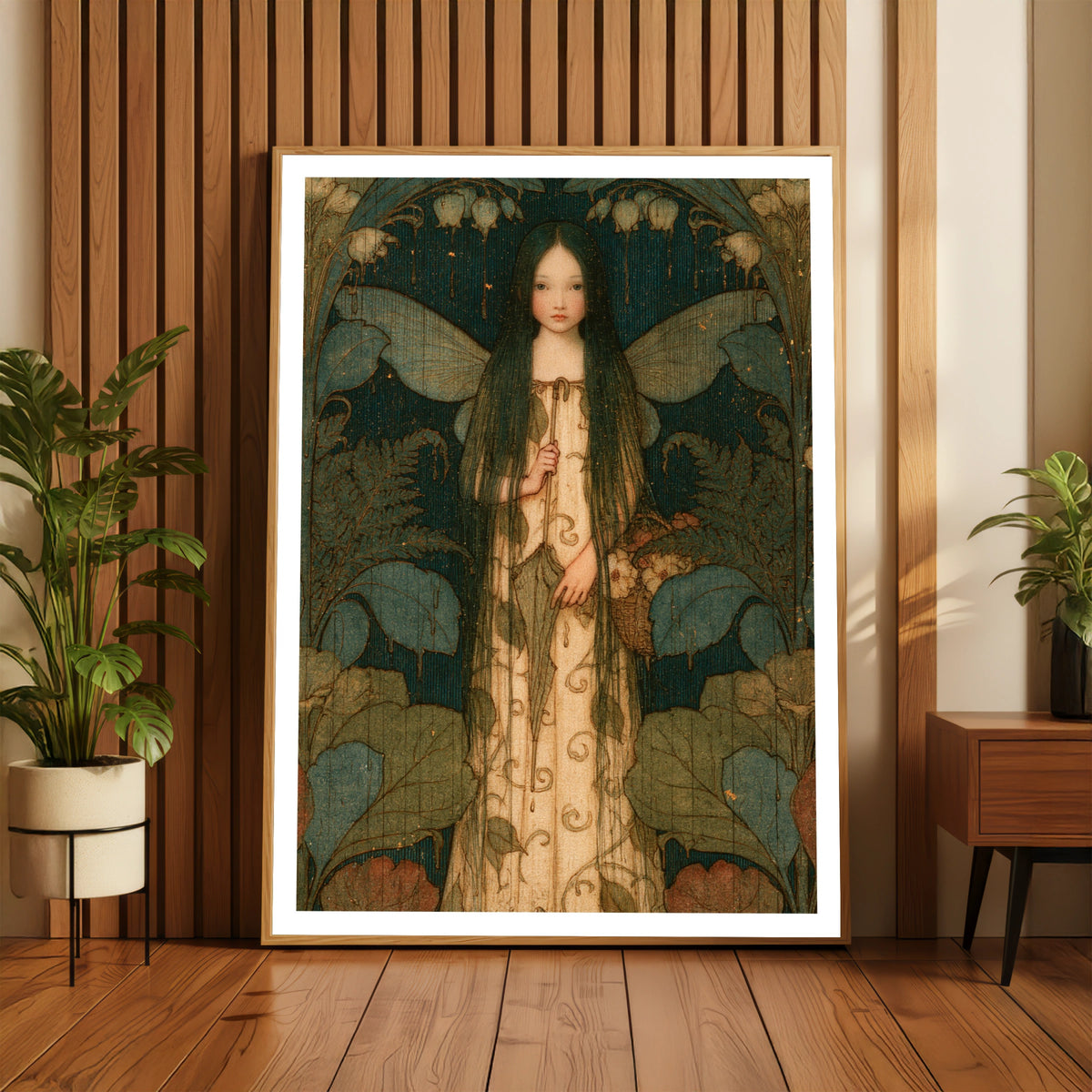 Rain Fairy Girl Art Nouveau Print, Classic Inspired Folk Art, Teal Floral Fantasy Poster
