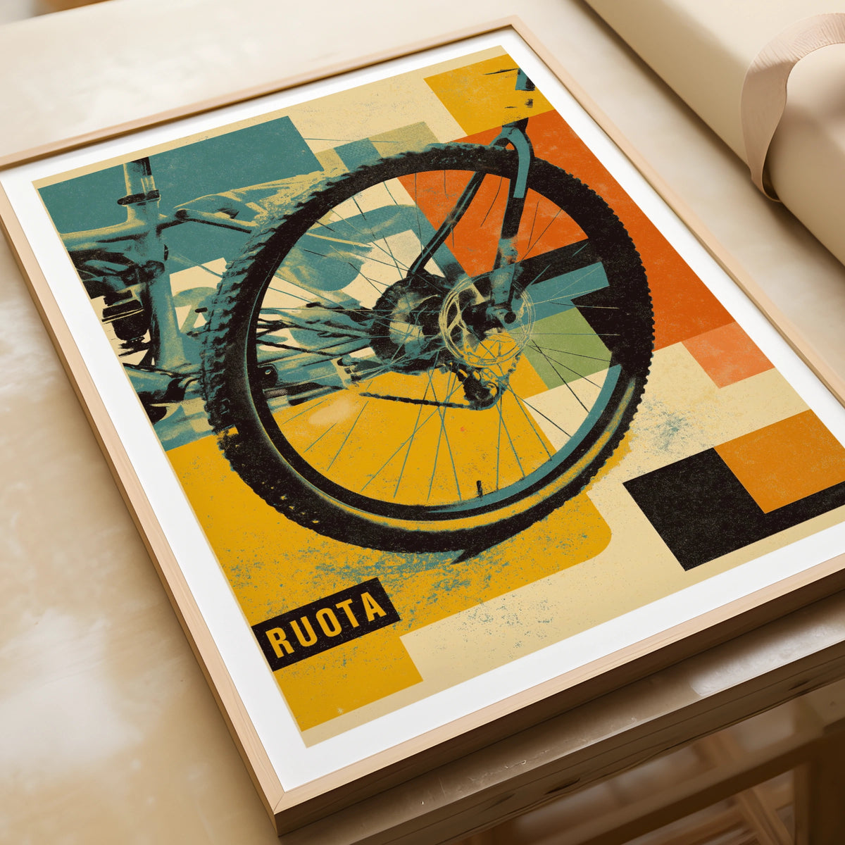 Retro Mountain Bike Wheel Poster, Vintage Cycling Print, MTB Wall Art, Bold Graphic Decor