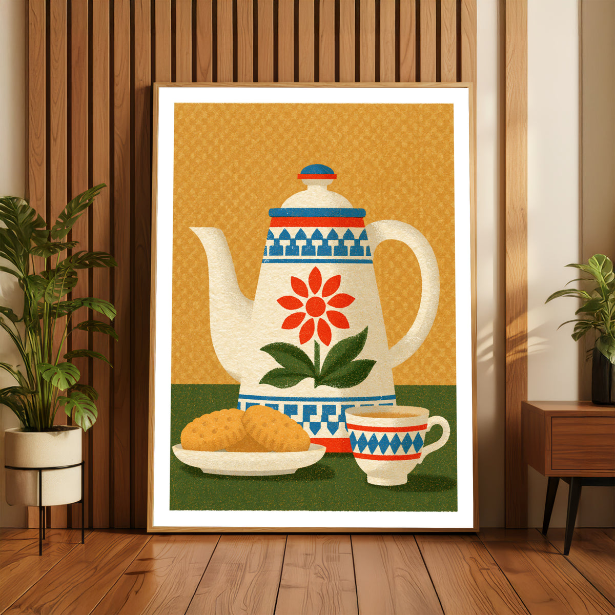 Vintage Food Poster Print, Retro Mid Century Teapot Art, Rustic Kitchen Decor, Risograph Style