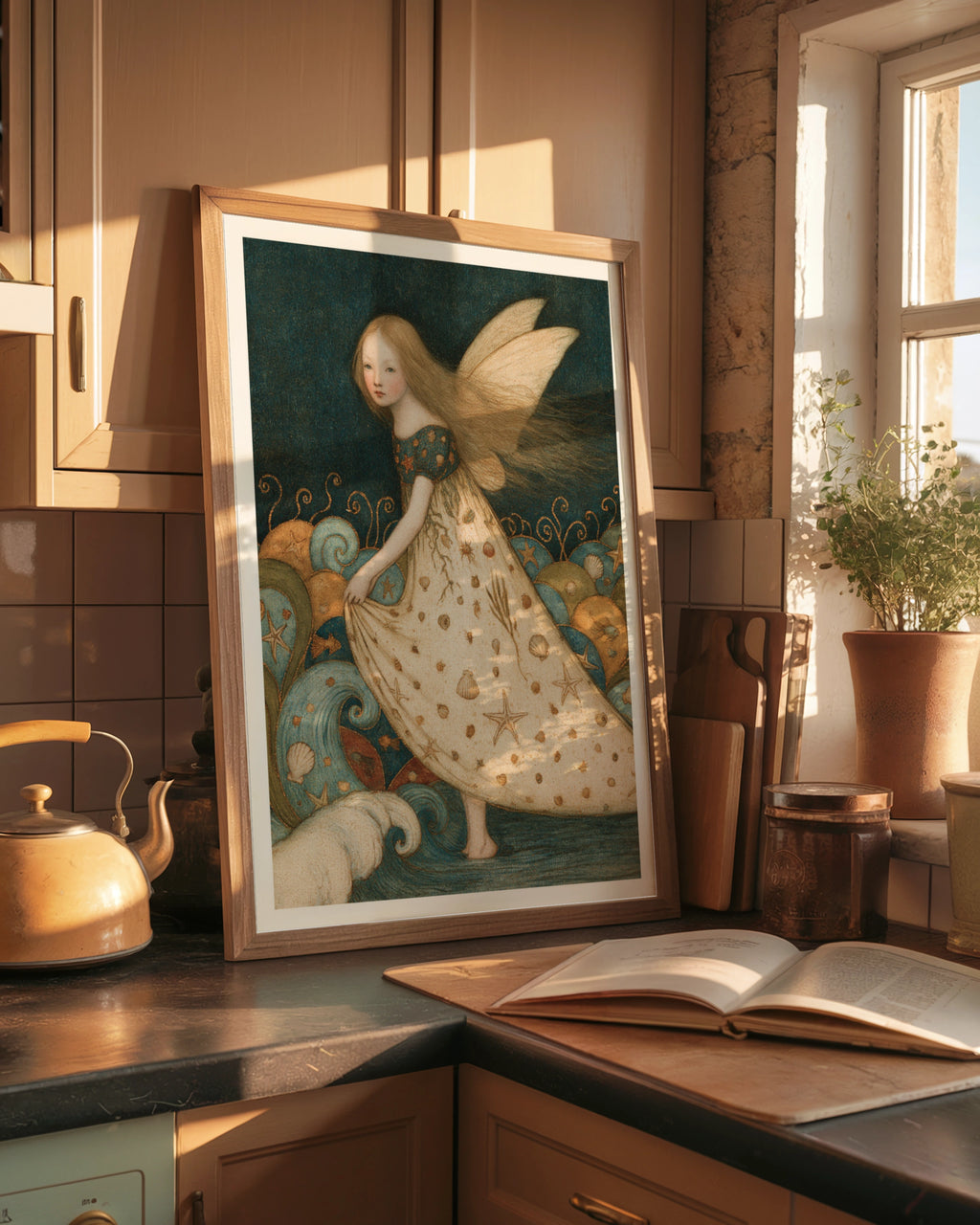 Sea Fairy Classic Inspired Print, Ocean Fairy Wall Art, Seashell Fairy Poster, Teal Folk Art
