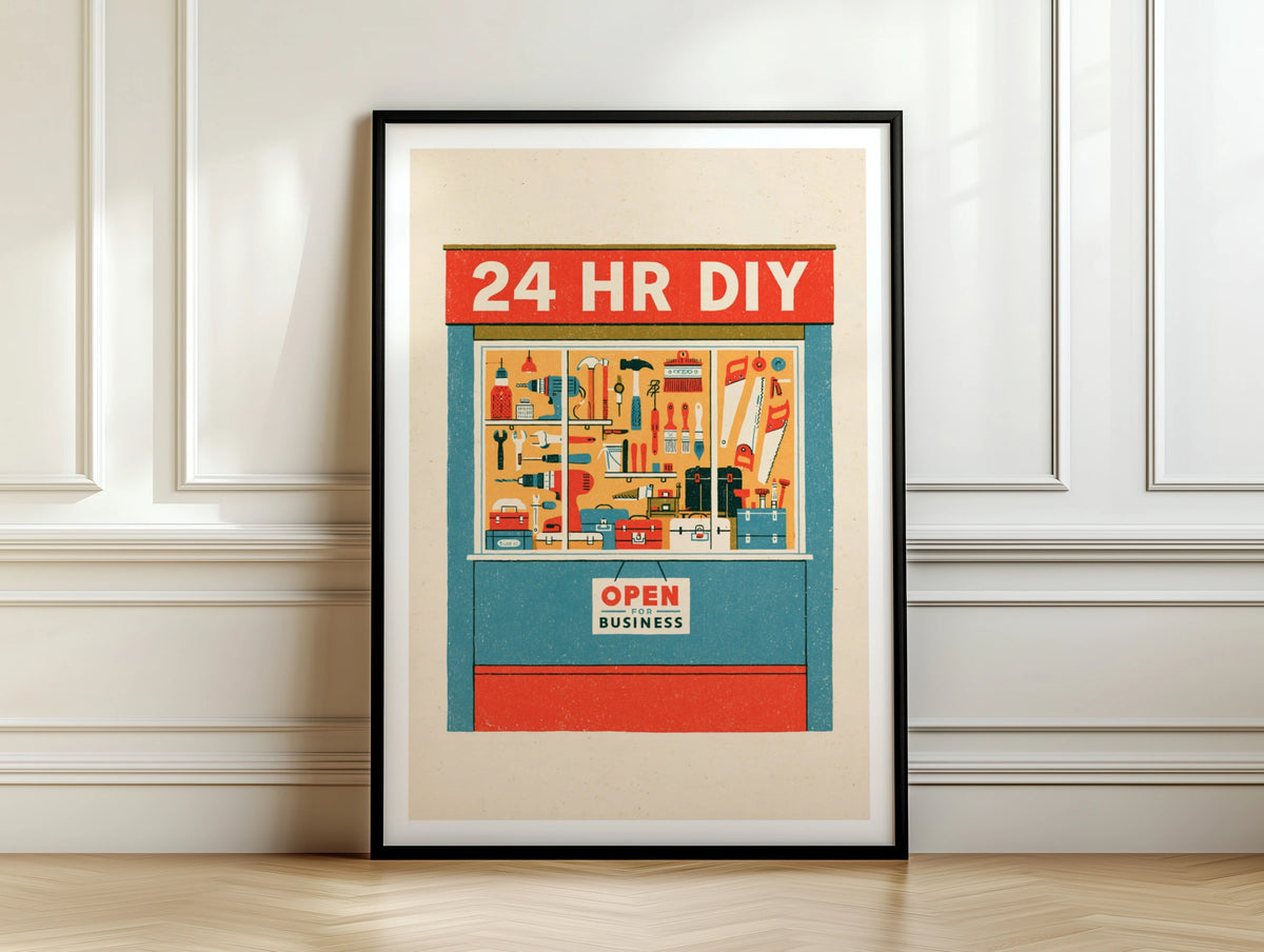 24 HR DIY Retro Tool Shop Poster, Vintage Hardware Store Wall Art Print