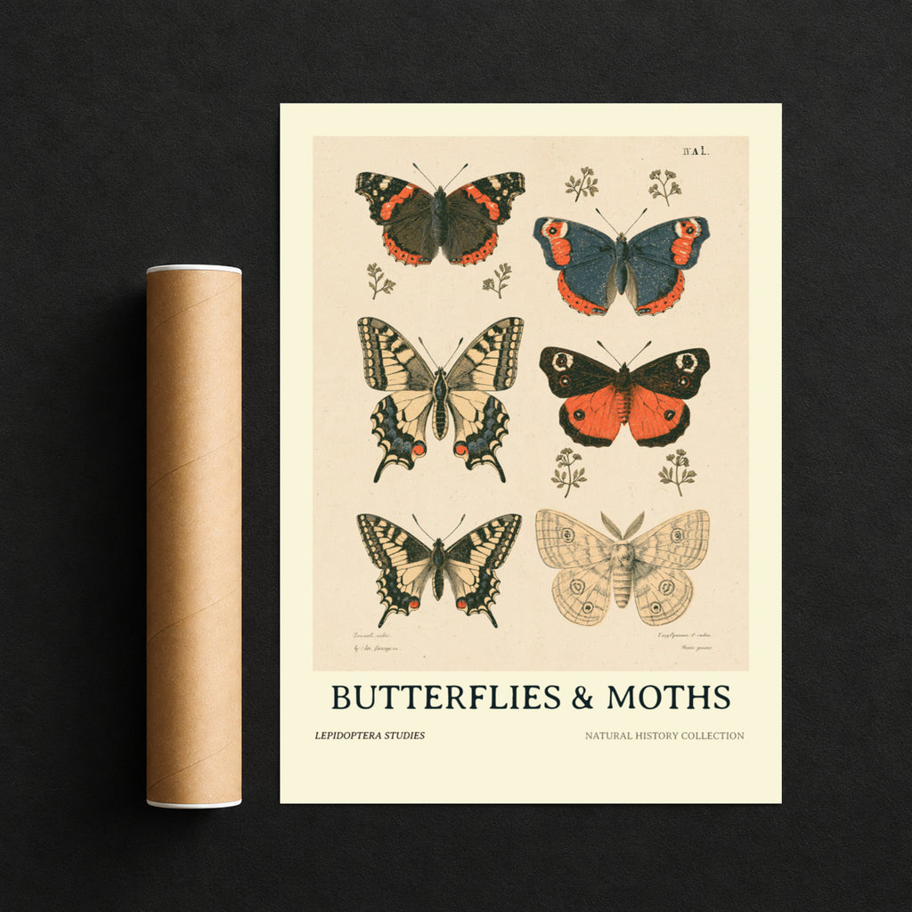 Vintage Butterflies and Moths Print, Natural History Poster, Botanical Nature Wall Art, Lepidoptera