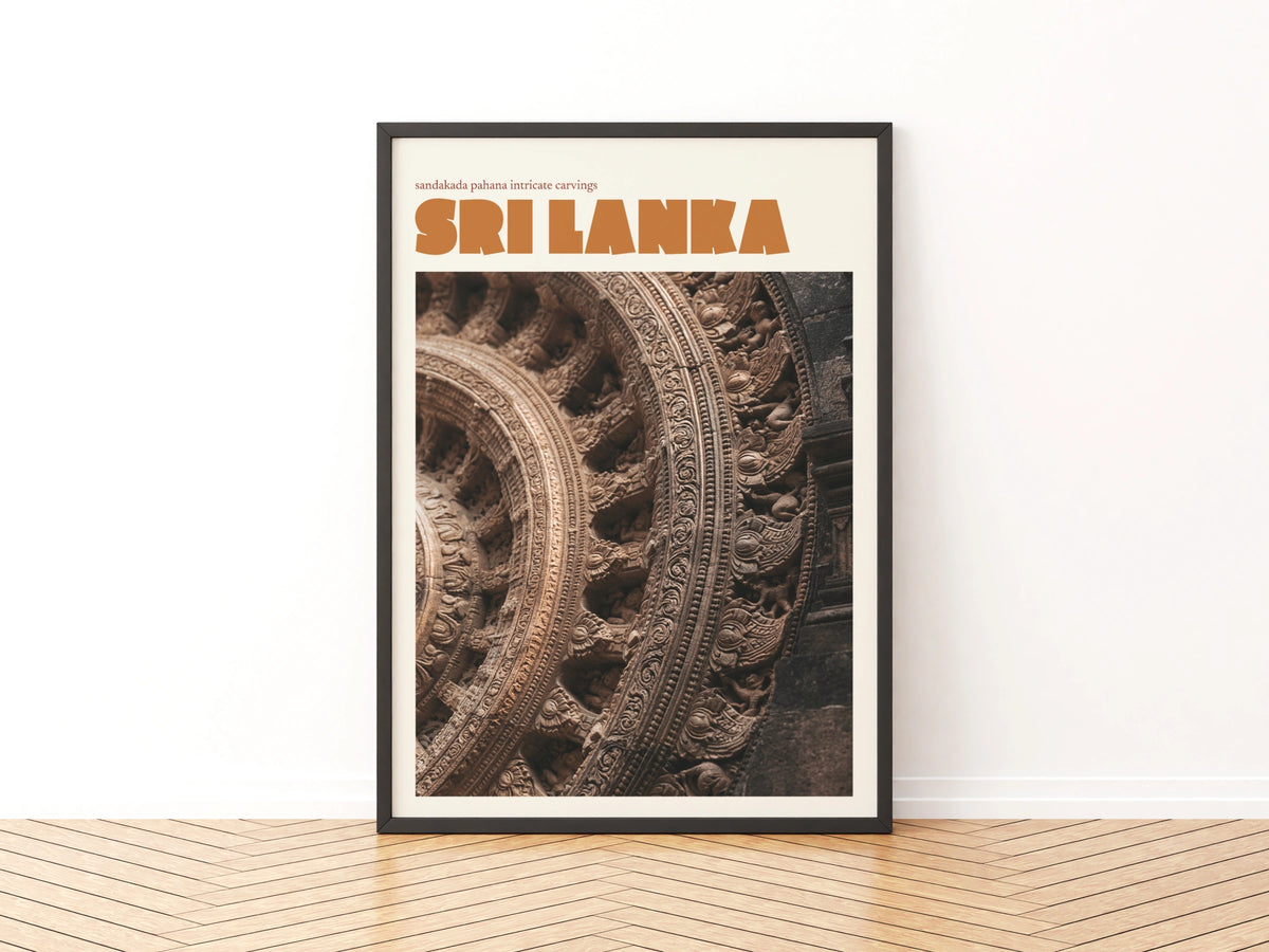Sri Lanka Retro Travel Poster, Sandakada Pahana Stone Carving, Temple Wall Art Print