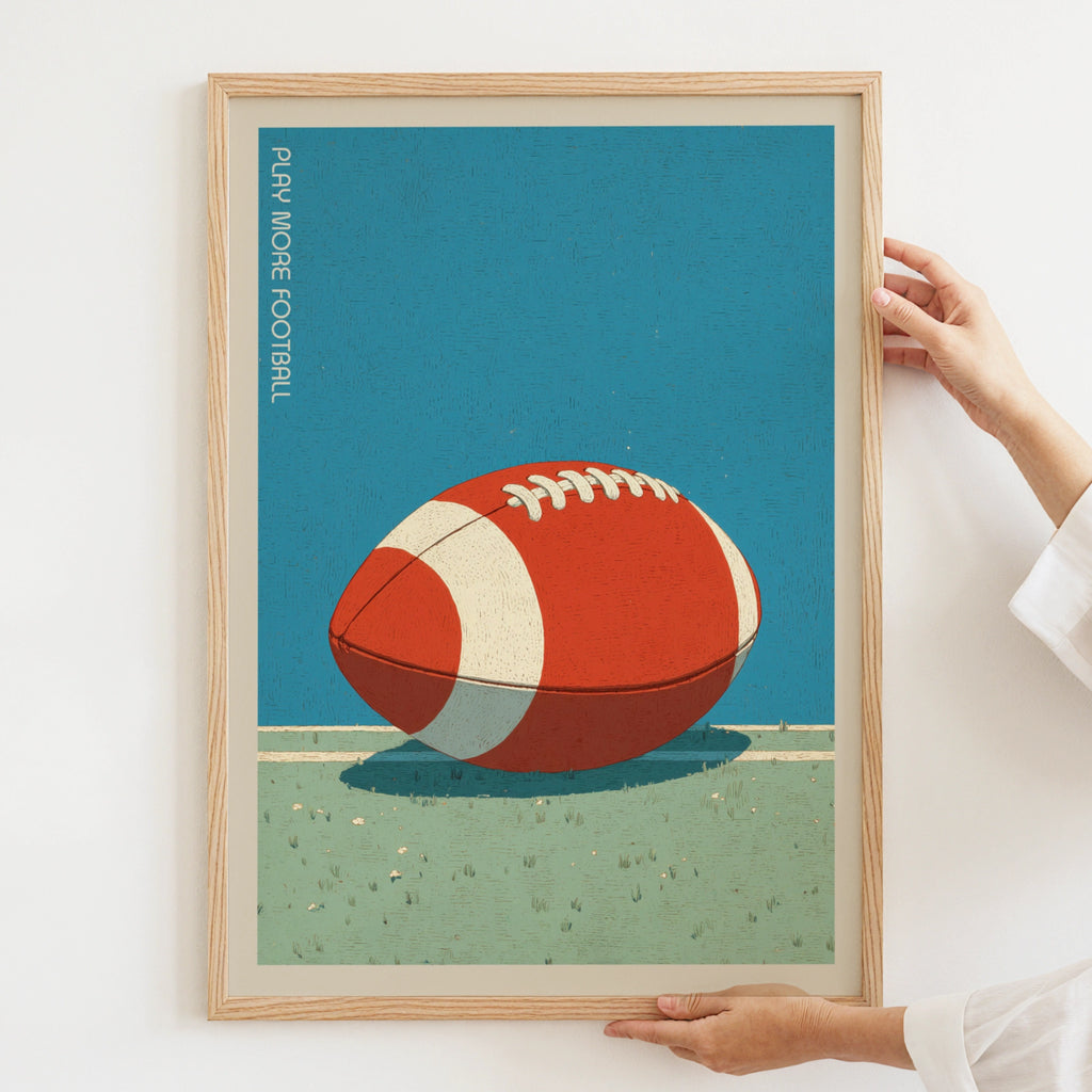 Retro American Football Poster, Play More Football Print, Vintage Sports Wall Art, Kids Room