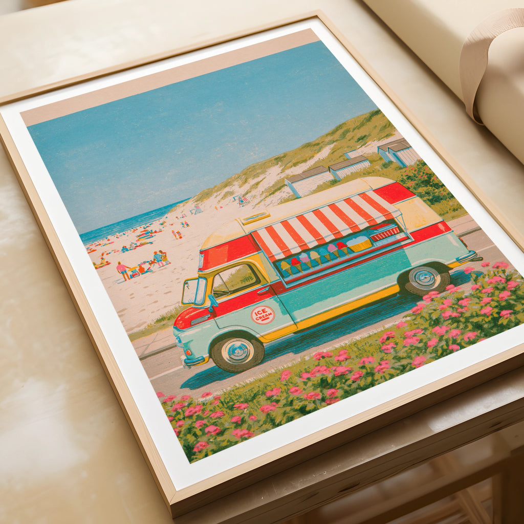 Retro Ice Cream Van Beach Poster, Vintage Travel Summer Print, Coastal Wall Art