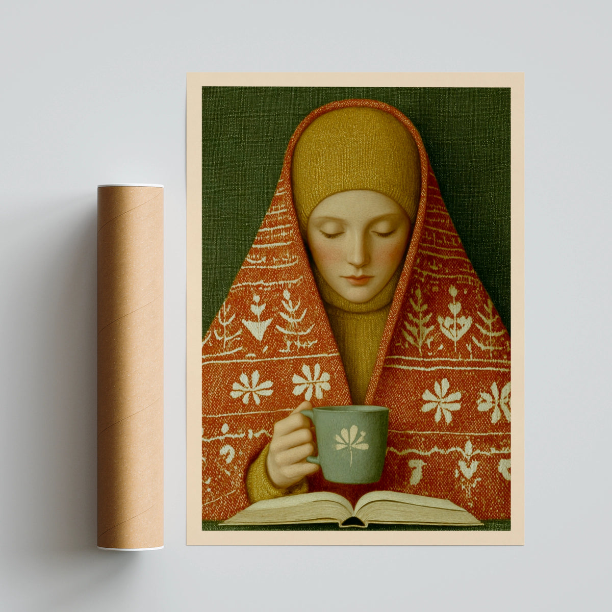 Classic Inspired Woman Reading Print, Cosy Tea Poster, Folk Art Wall Art, Hygge Home Decor Gift
