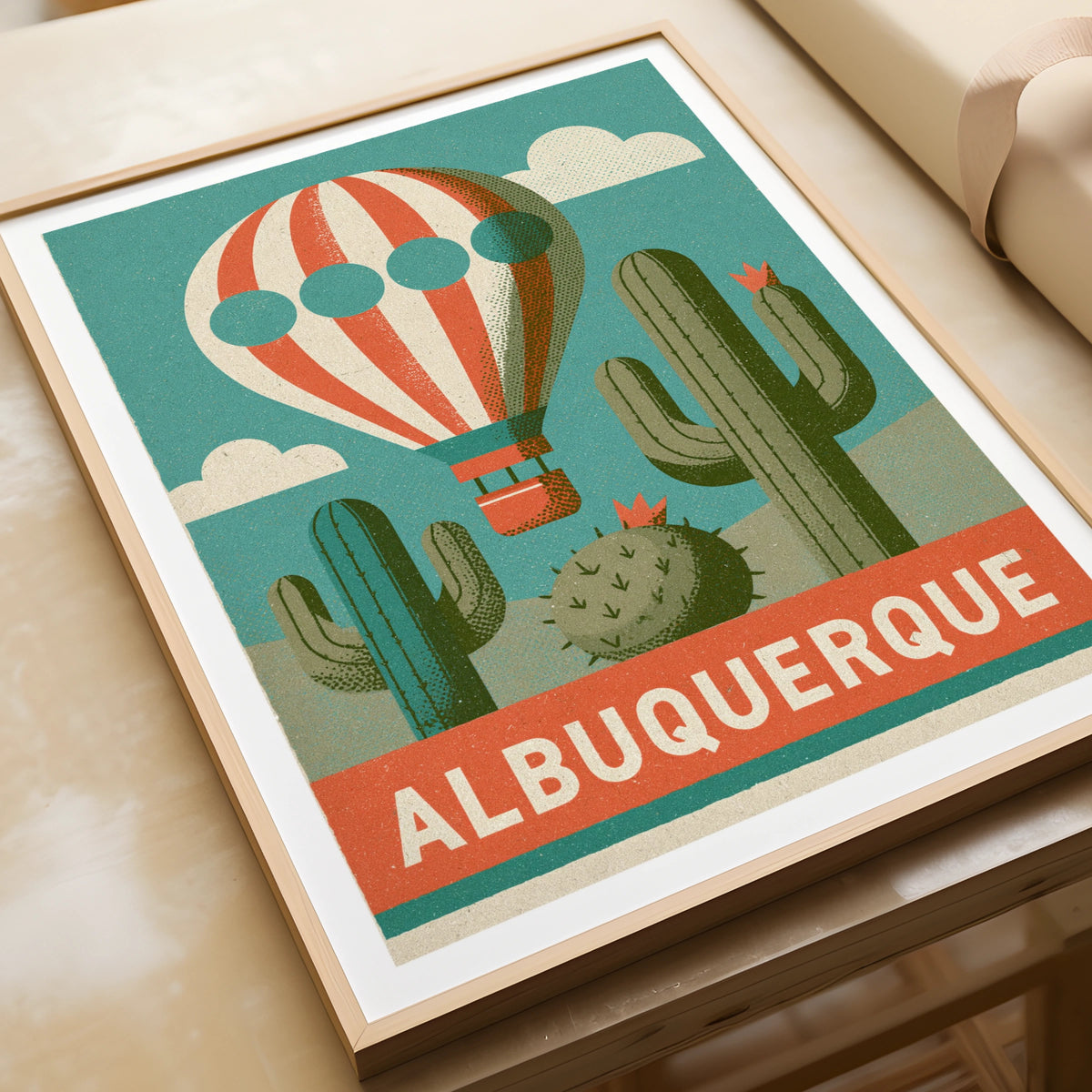 Albuquerque Retro Travel Poster, New Mexico Hot Air Balloon Cactus Desert Wall Art Print