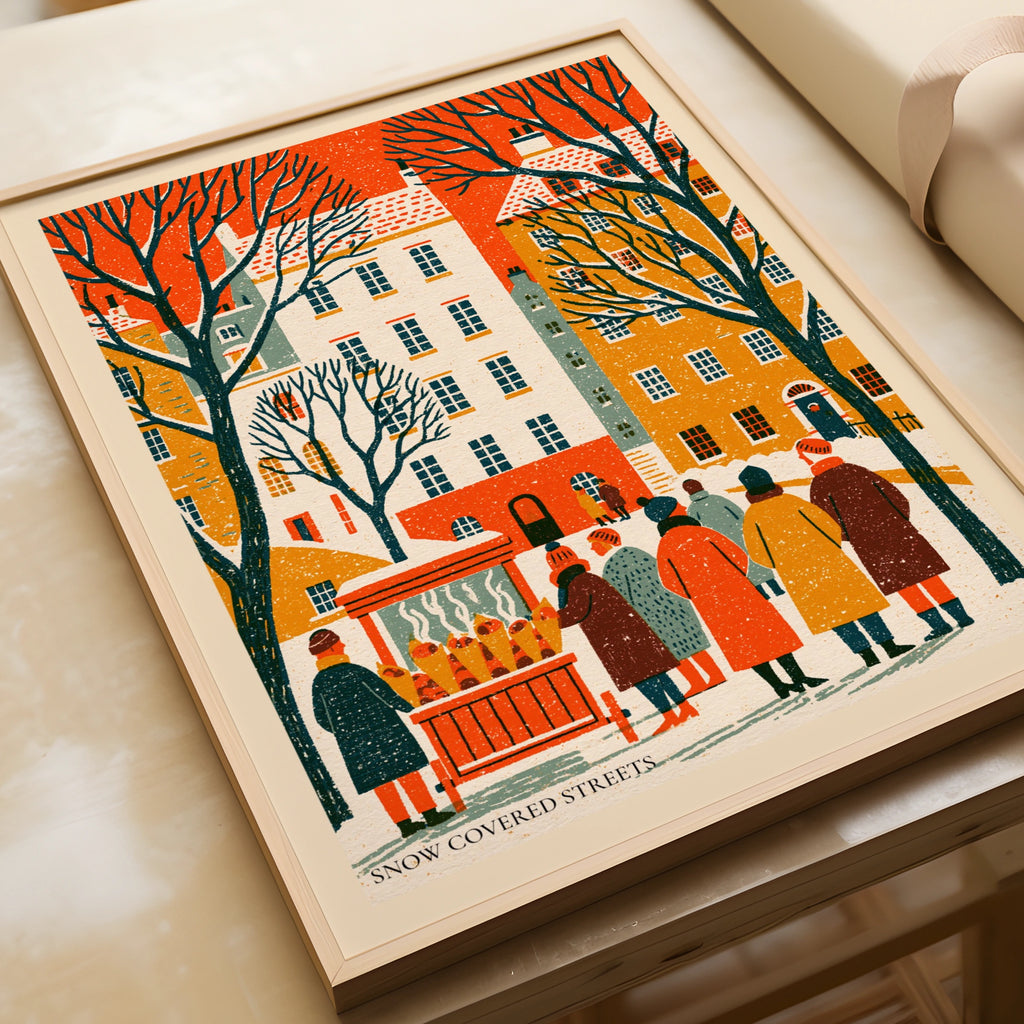 Snow Covered Streets Vintage Food Poster Print | Rustic Kitchen Decor | Festive Street Market Art decor