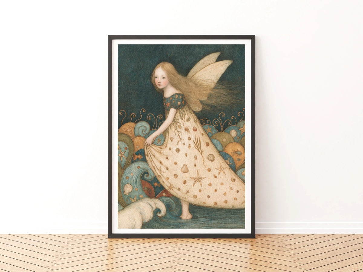 Sea Fairy Classic Inspired Print, Ocean Fairy Wall Art, Seashell Fairy Poster, Teal Folk Art