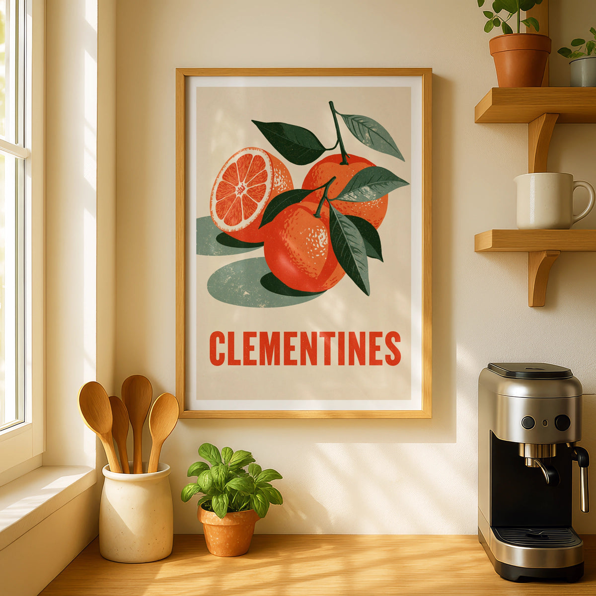 Clementines Vintage Food Poster Print | Rustic Kitchen Decor | Retro Mid Century Risograph Art