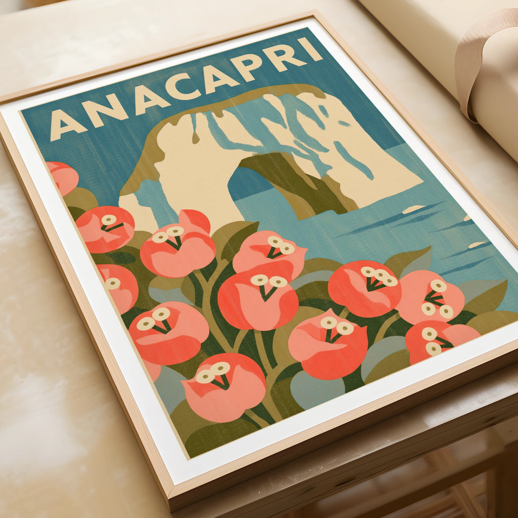 Anacapri Vintage Travel Poster, Capri Island Italy Wall Art, Retro Floral Print