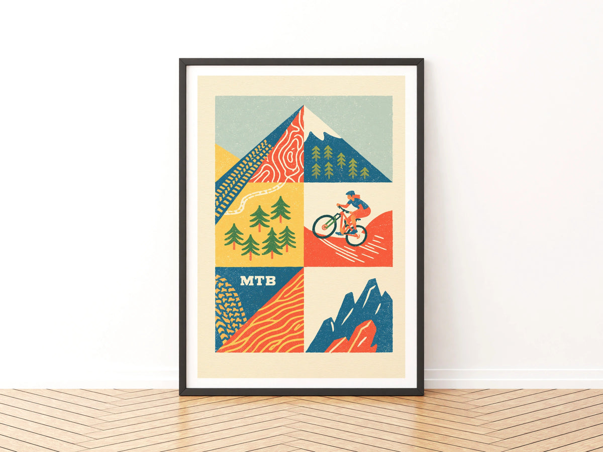 MTB Mountain Bike Retro Poster, Cycling Wall Art Print, Trail Riding Gift for Cyclists
