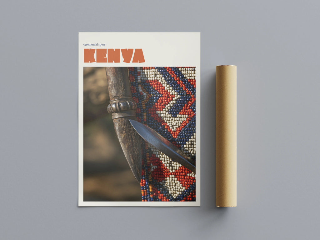 Kenya Travel Print, Contemporary African Wall Art, Maasai Ceremonial Spear, Beadwork Decor