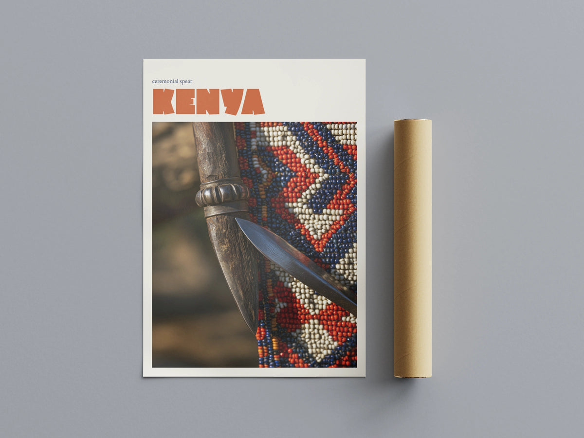 Kenya Travel Print, Contemporary African Wall Art, Maasai Ceremonial Spear, Beadwork Decor