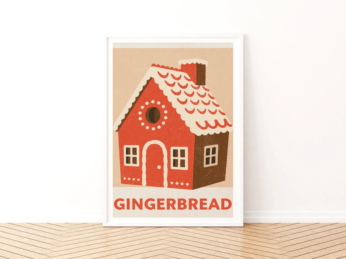 Christmas Gingerbread House Vintage Food Poster Print | Rustic Kitchen Decor | Retro Mid Century Risograph