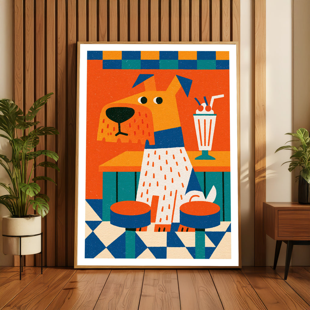 Retro Diner Dog Poster, Vintage Milkshake Wall Art, Colourful Fun Dog Print for Kitchen