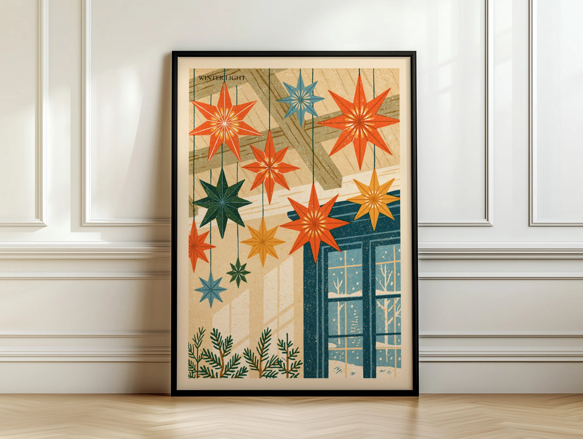 Winter Light Star Poster, Retro Christmas Wall Art, Scandi Hygge Print, Festive Home Decor