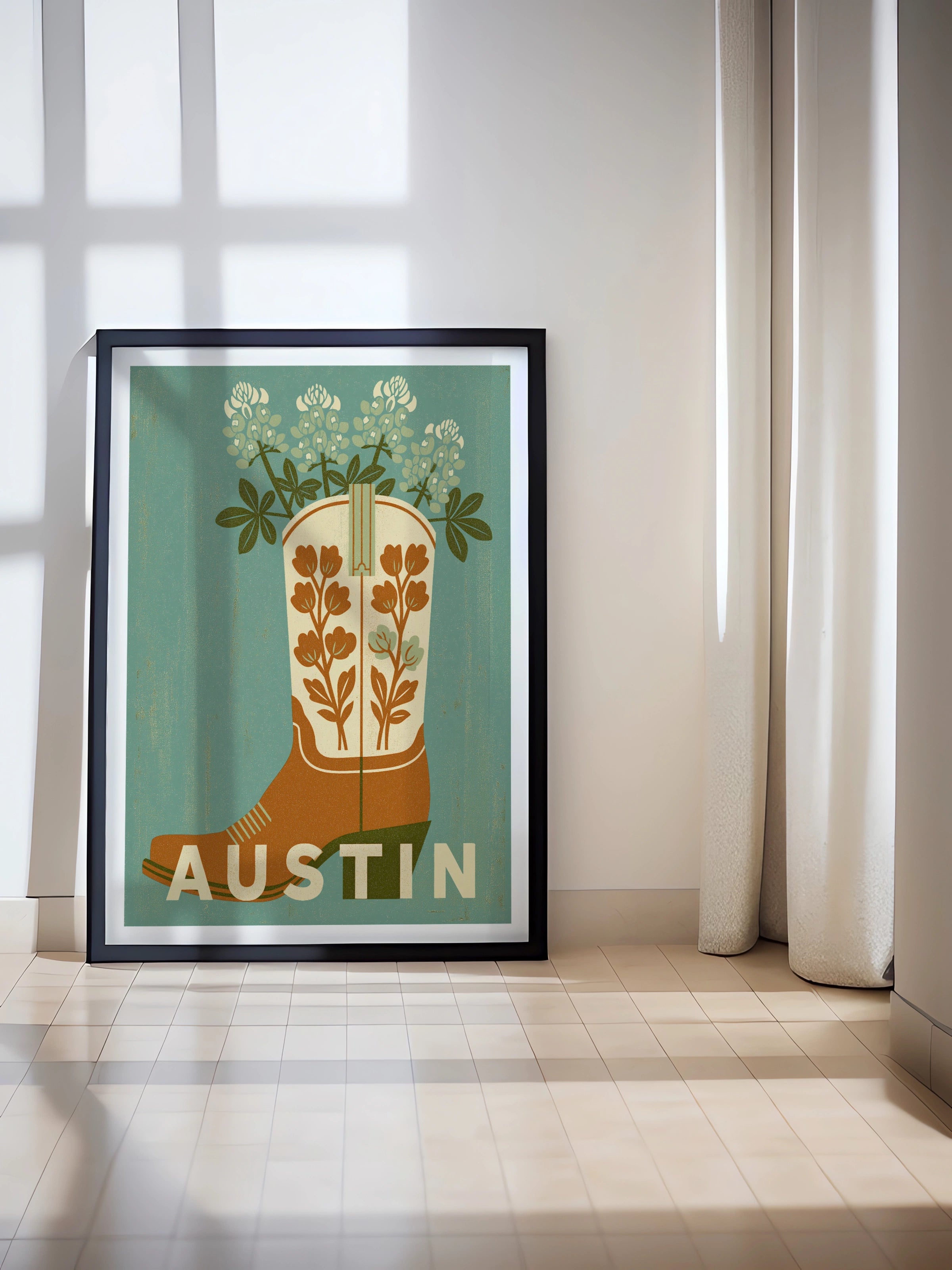 Austin Texas Retro Travel Poster, Cowboy Boot Bluebonnet Flower Art Print, Teal