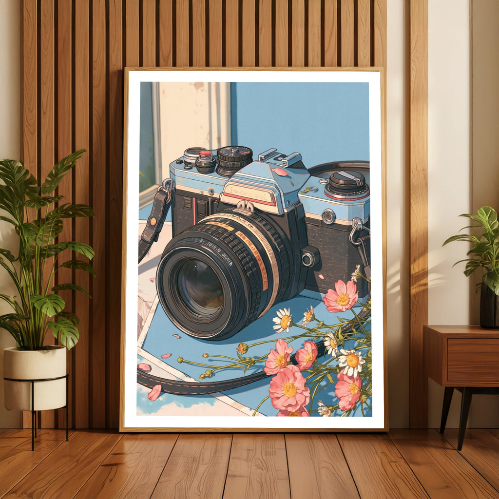 Retro Film Camera Poster, Vintage SLR Print, Pink Flowers Wall Art, Blue Aesthetic