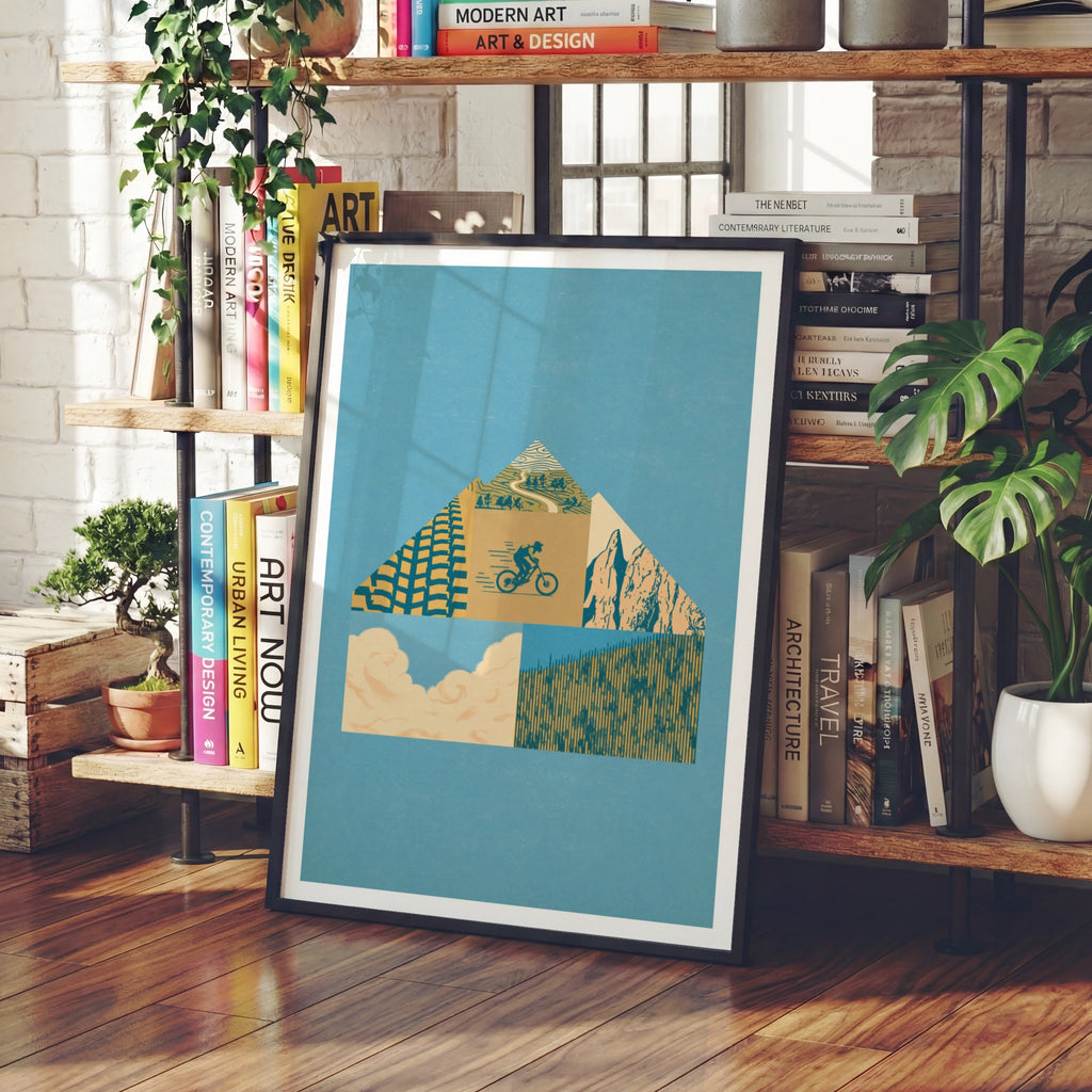 Mountain Bike Retro Poster, Cycling Wall Art Print, Vintage MTB Collage, Blue Gold