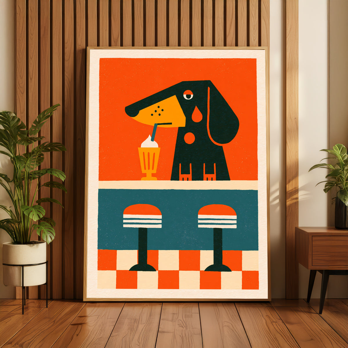 Vintage Dachshund Diner Poster, Retro Dog Milkshake Print, Sausage Dog Wall Art, 50s