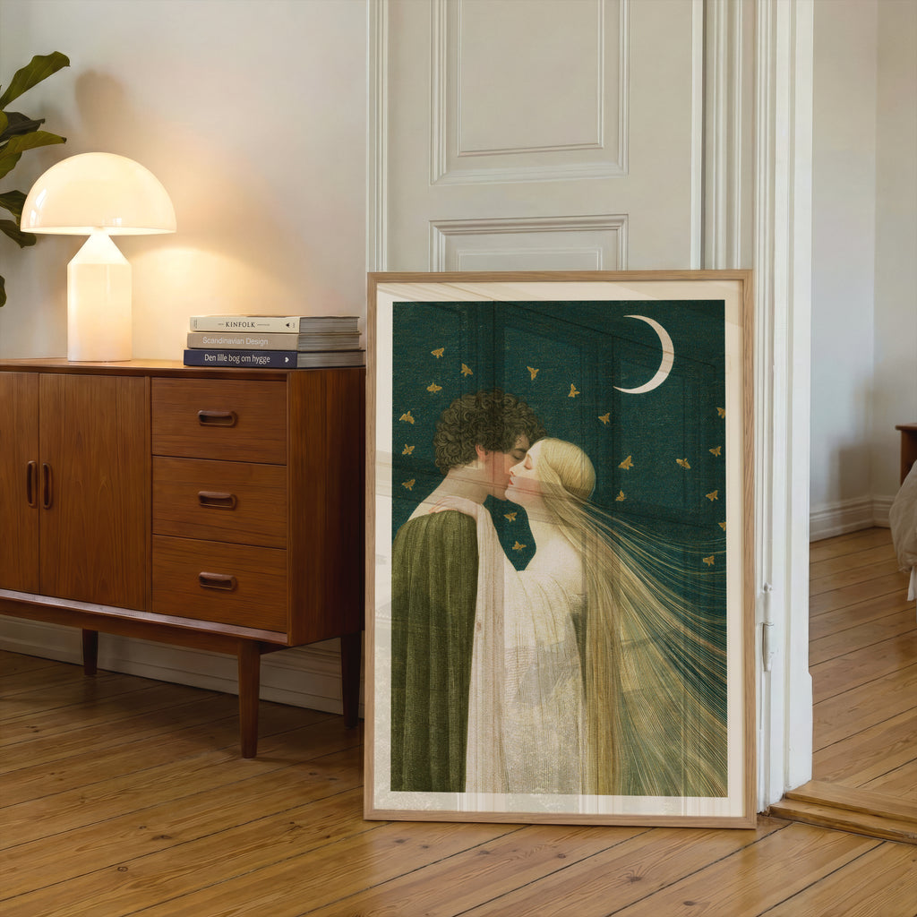 Romantic Couple Kissing Under Crescent Moon, Vintage Art Nouveau Print, Moths, Night Sky Wall Art