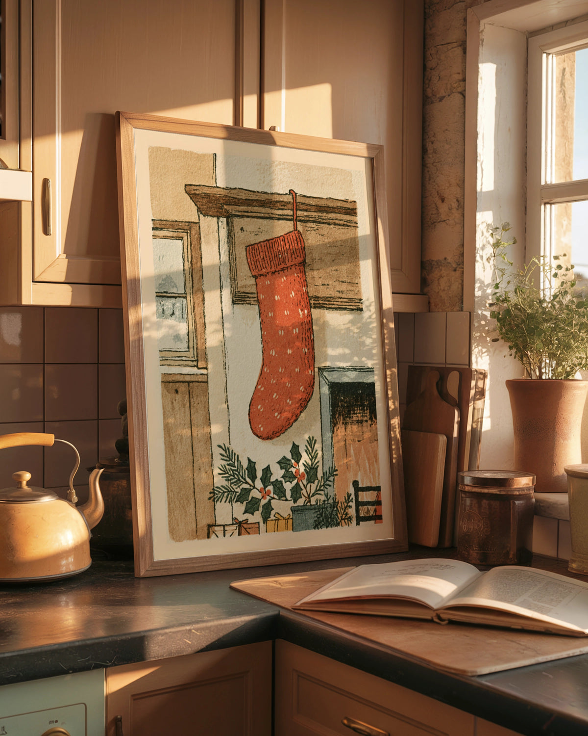Christmas Stocking Fireplace Print, Classic Festive Wall Art, Vintage Holiday Poster, Cosy Home