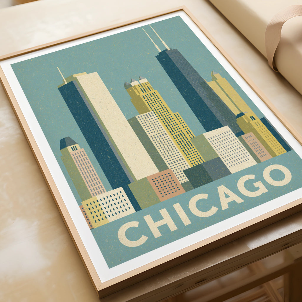 Chicago Skyline Retro Travel Poster, Vintage City Print, Illinois Wall Art