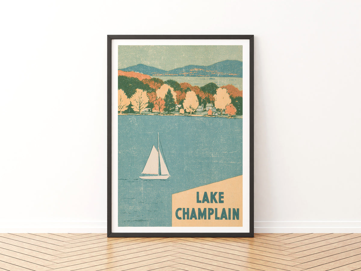 Lake Champlain Retro Travel Poster, Vintage Travel Print, Sailboat Autumn Lake Wall Art Vermont