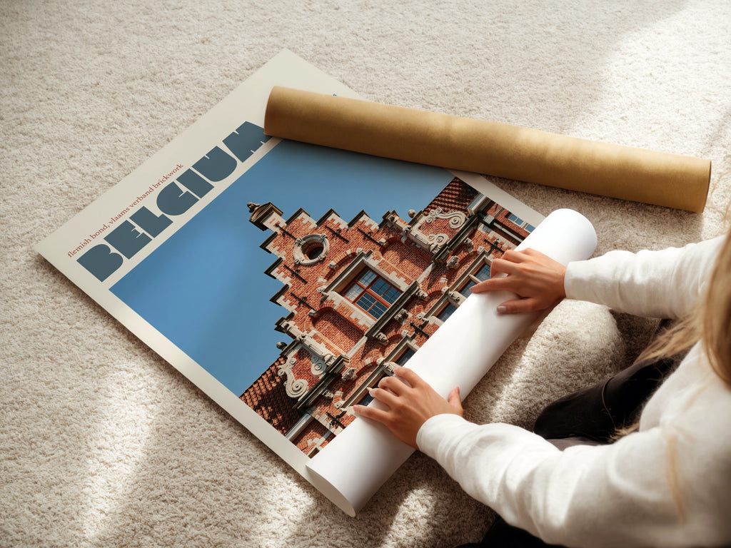 Belgium Travel Poster, Flemish Architecture Print, Retro Modern Style Europe Wall Art, Bruges Style Decor