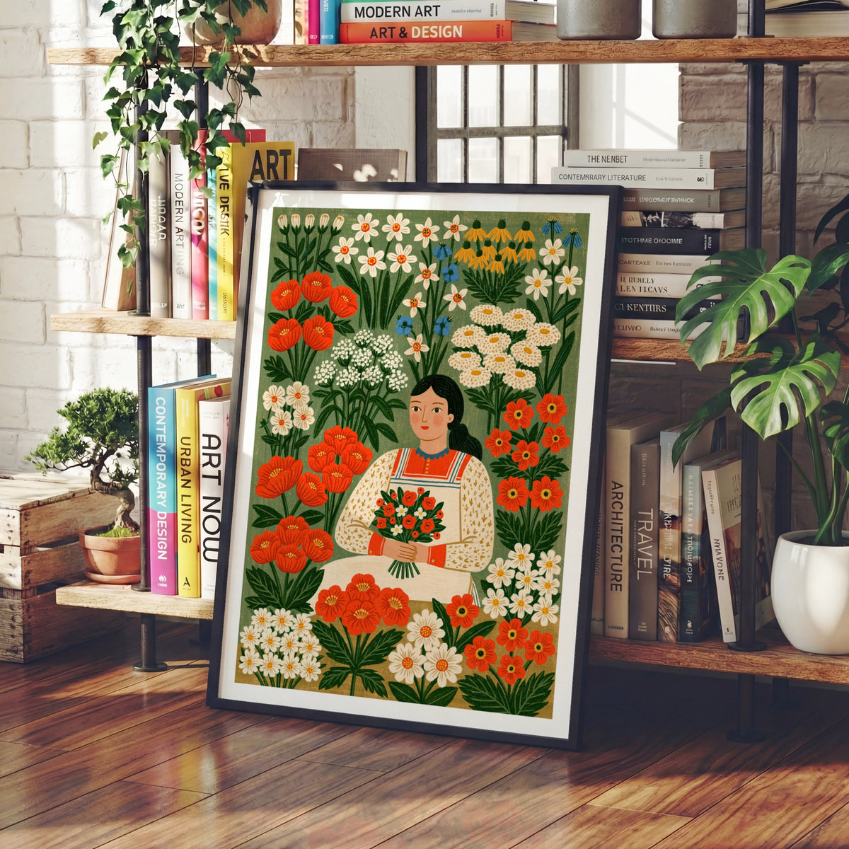 Vintage Flower Girl Poster, Folk Art Floral Print, Botanical Garden Wall Art, Cottagecore Decor