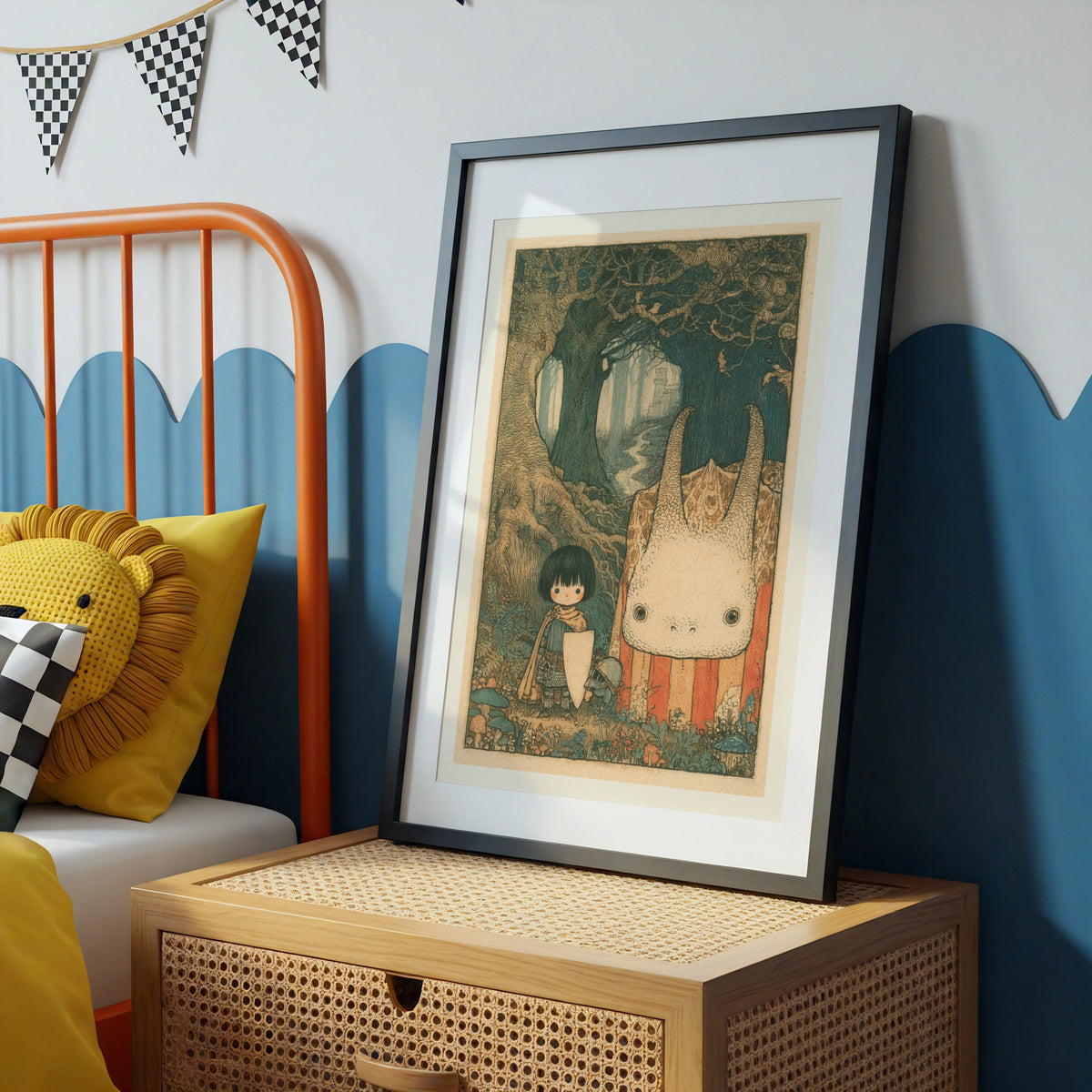 Retro Fantasy Forest Child Print, Woodland Monster Art, Kids Wall Poster Collectable