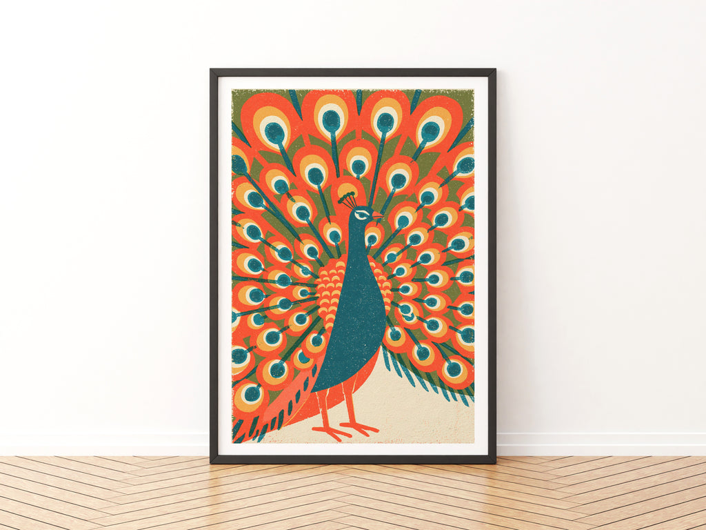 Retro Peacock Wall Art, Vintage Bird Poster, Mid Century Animal Print, Bold Orange Gallery Wall