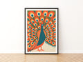 Retro Peacock Wall Art, Vintage Bird Poster, Mid Century Animal Print, Bold Orange Gallery Wall