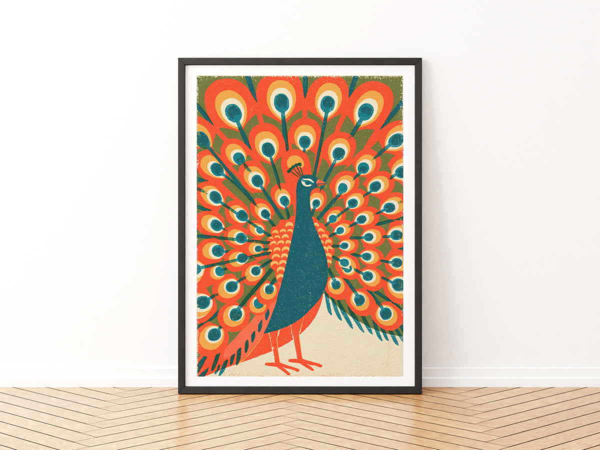 Retro Peacock Wall Art, Vintage Bird Poster, Mid Century Animal Print, Bold Orange Gallery Wall