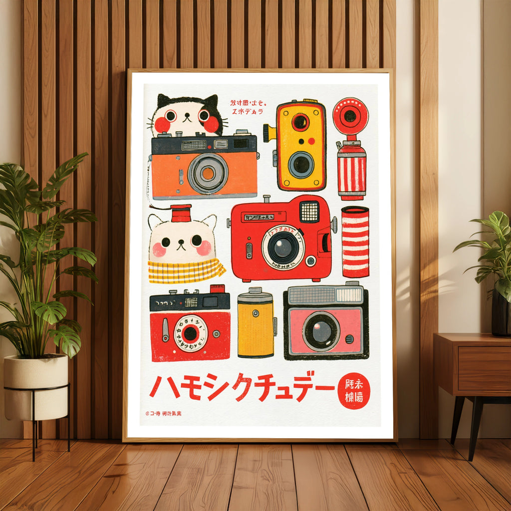 Retro Camera Kawaii Cat Poster, Japanese Vintage Film Camera Wall Art Print, Cute Kids decor
