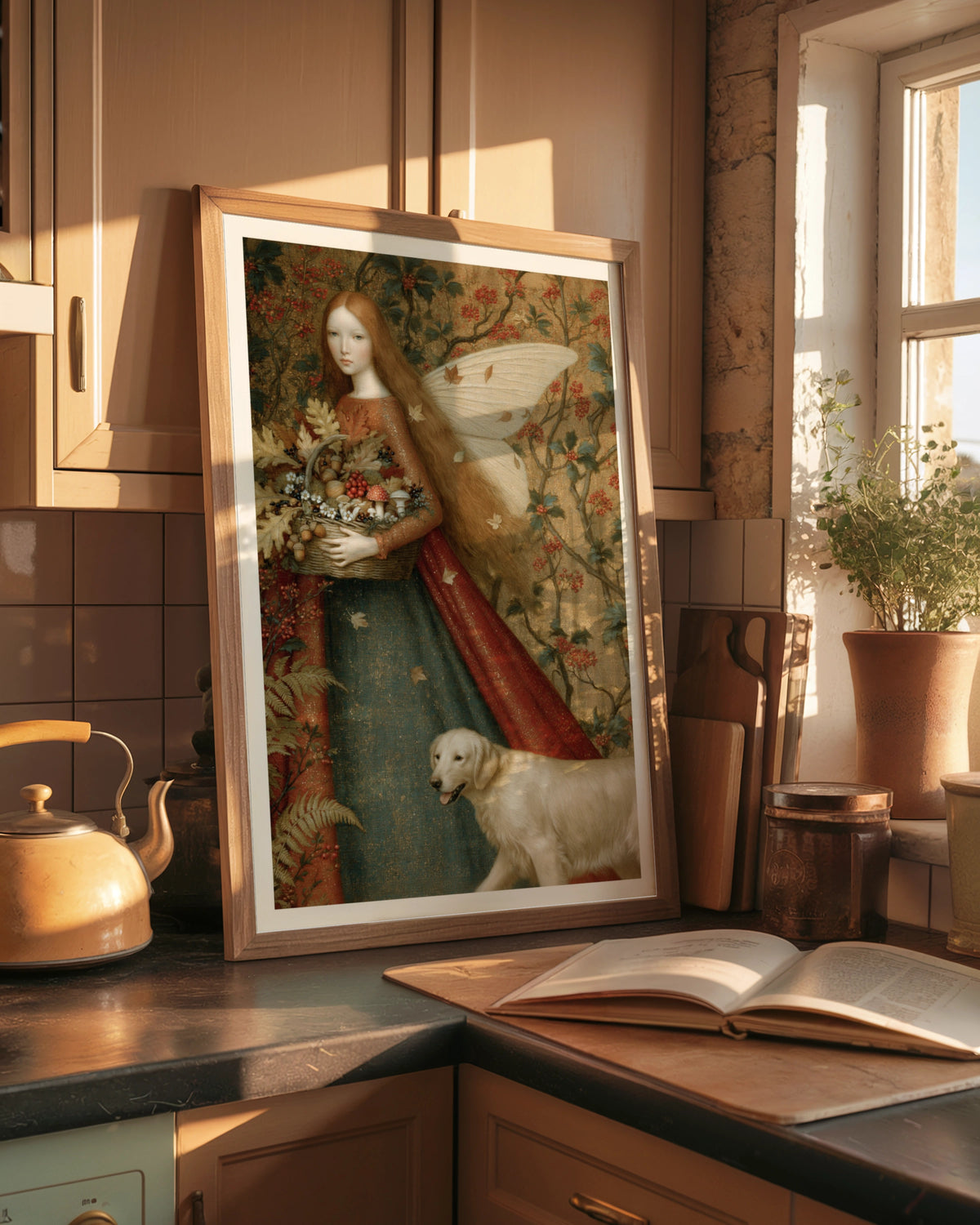 Autumn Fairy Print, Classic Inspired Folk Art Poster, Red Hair Fairy Dog Wall Art