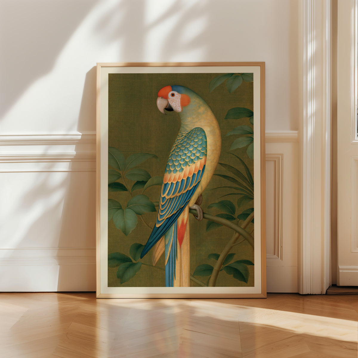 Vintage Parrot Wall Art, Tropical Bird Print, Classic Botanical Poster, Olive Green Jungle Decor